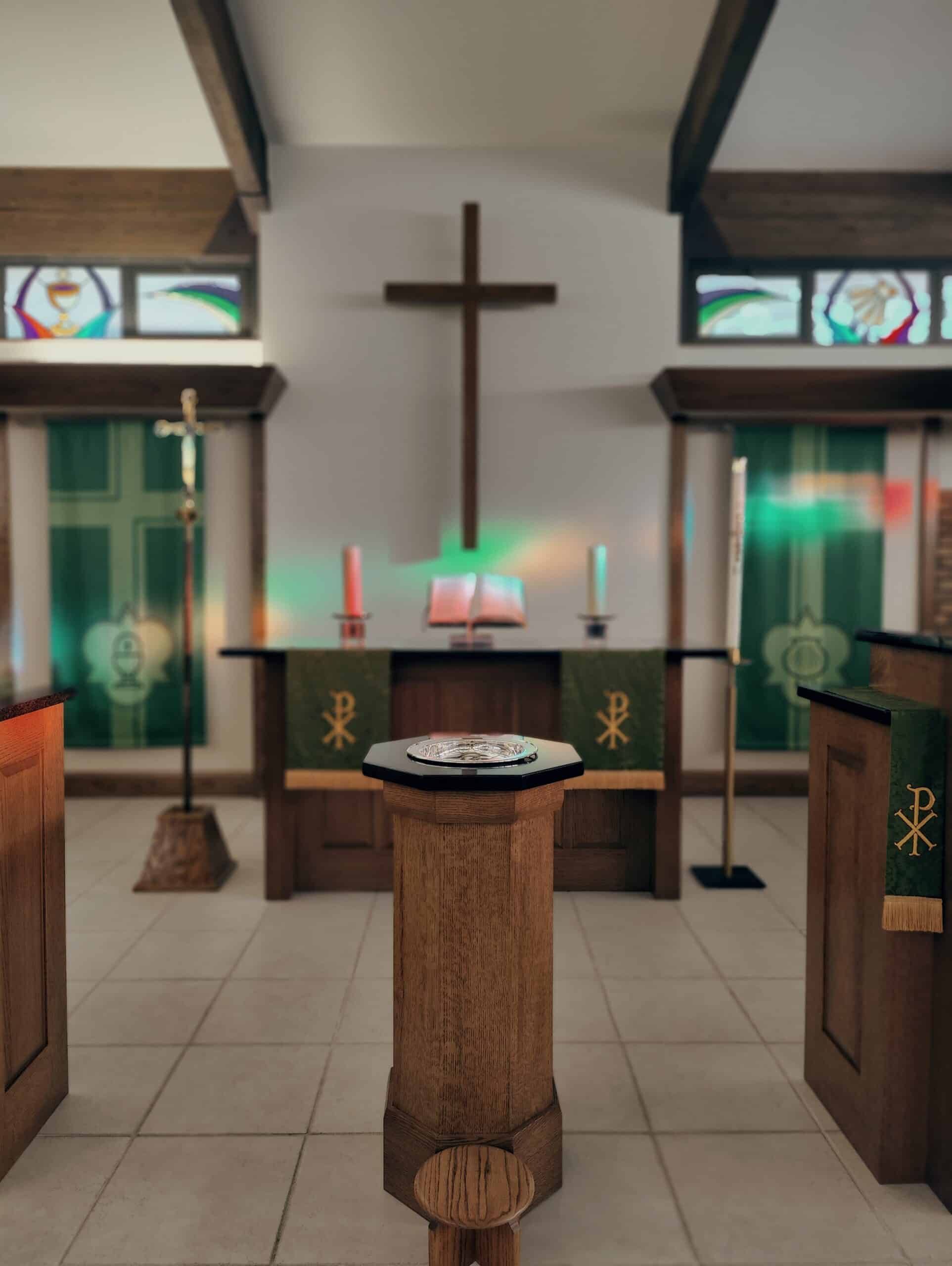 Our Christian Beliefs | photo of the altar and baptismal font at Peace With Christ Lutheran Church in Fort Collins, CO